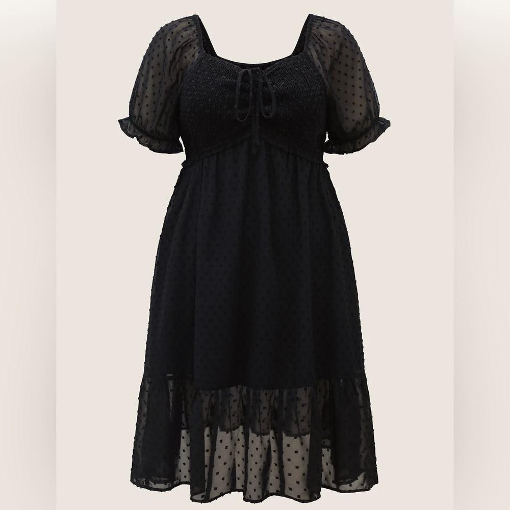 BloomChic NWT Black Polka Dot Textured Mesh Shirred Drawstring Dress Size 26